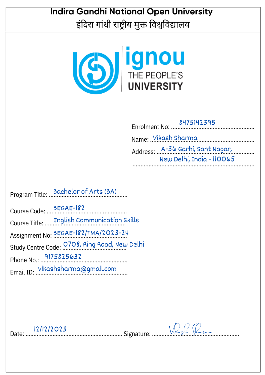 ignou assignment acknowledgement form pdf